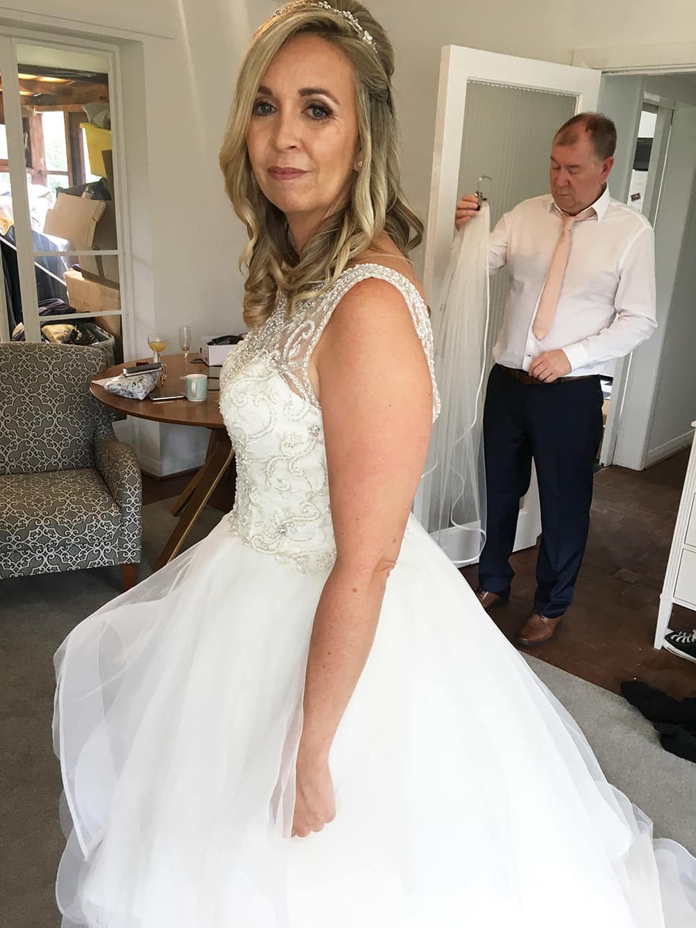 Smiling bride with soft natural glam makeup, Winchester